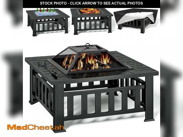 Lot 74-12493275 - KingChii 32" Fire Pit Table Wood Burning Square Metal Firepit for Outdoor, Patio Backyard BBQ with M...
