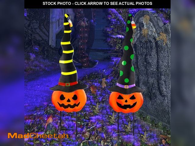 Lot 74-12708230 - 2 Pack Halloween Garden Decorations, Metal Jack-O-Lantern Halloween Yard Stakes with Witch Hats, Sca...