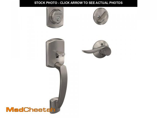 Lot 74-11826736 - Schlage Greenwich Satin Nickel Single Cylinder Deadbolt with Sacramento Lever Door Handle Set - UNUS...
