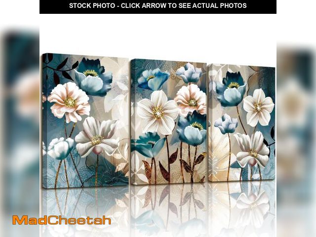 Lot 74-12052080 - SERIMINO 3 Piece Lotus Flower Canvas Wall Art for Living Room, Blue Floral Picture Wall Decor for Di...