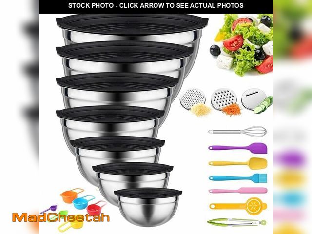 Lot 74-14340455 - Thsinde Mixing Bowls with Lids Set, Stainless Steel, 7 Sizes (0.7-4.5QT), with 3 Grater Attachments,...