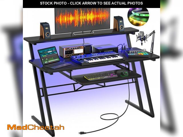 Lot 74-12393843 - Armocity Music Studio Desk, Music Production Workstation with Power Outlets and RGB LED Lights, Reco...