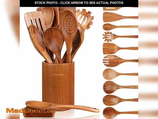 Lot 74-12715031 - Mooues 12 Piece Wooden Spoons for Cooking, Wooden Utensils for Cooking with Utensils Holder, Natural...