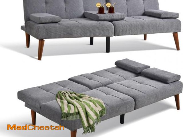Lot 74-12398912 - COLAMY Futon Sofa Bed-Fabric Small Couch, Small Lounge Convertible with 2 Cup Holders, Removable Sof...