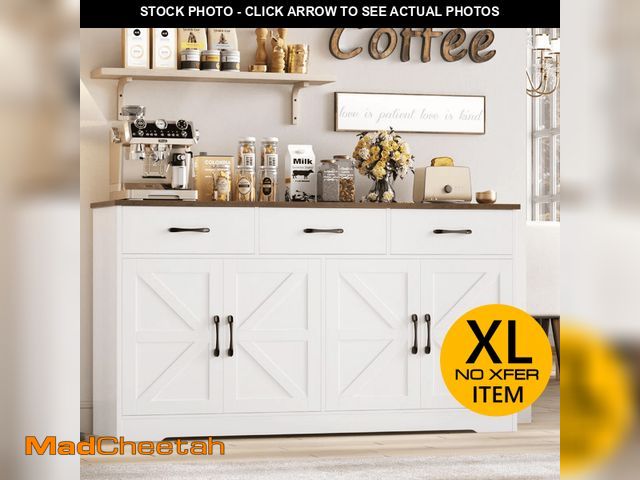 Lot 74-12800841 - Homfa 59"W Farmhouse Kitchen Sideboard Credenza, Lengthen Storage Cabinet for Dining Room, 4-Doors 3...