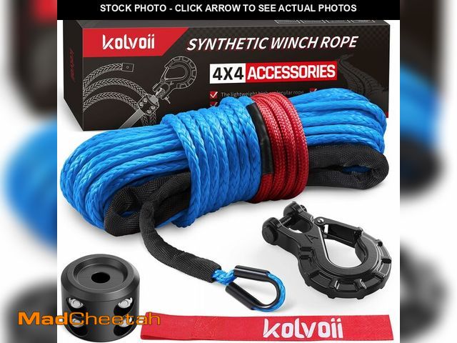 Lot 74-13626755 - Kolvoii Synthetic Winch Rope Kit, 1/4" x 50ft 9,650lbs Winch Cable with Steel Hook, Winch Line Stopp...