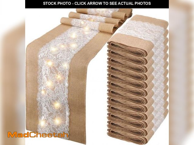 Lot 74-12333846 - Xinnun 12 Pcs Burlap Table Runner with Lights 12 x 108 Inches Burlap Lace Table Runner Rustic Weddin...