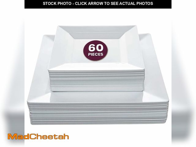Lot 74-12709544 - Aya's 60ct White Square Disposable Plates - Heavy Duty Plastic Party Plates for Christmas, Thanksgiv...