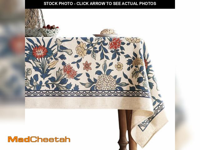Lot 74-14151481 - patdrea Designer Blue Tablecloth for Rectangle Table,Vintage Linen with Leaves and Floral Pattern Ta...