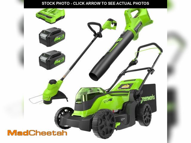 Lot 74-14608942 - Greenworks 48V (24V x 2) 17" Brushless Push Mower+12" String Trimmer +320CFM Blower,(2) 4.0Ah Batter...
