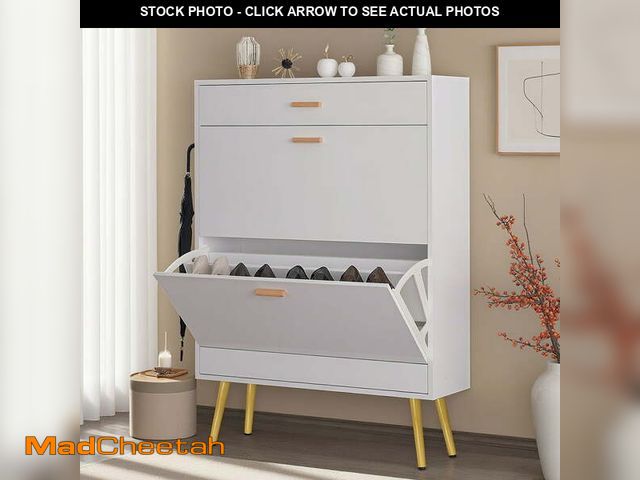 Lot 74-12678542 - Ktaxon White Shoe Cabinet with 2 Flip Drawers, 16 Pairs Capacity, Wood Narrow Design for Entryway - ...