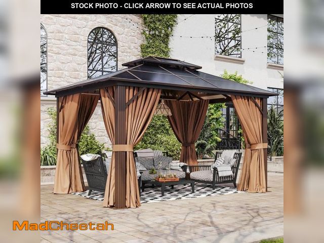 Lot 74-12533282 - Sizzim 10 ft. x 12 ft. Hardtop Outdoor Double Roof Gazebo with Netting and Curtains for Backyard - U...