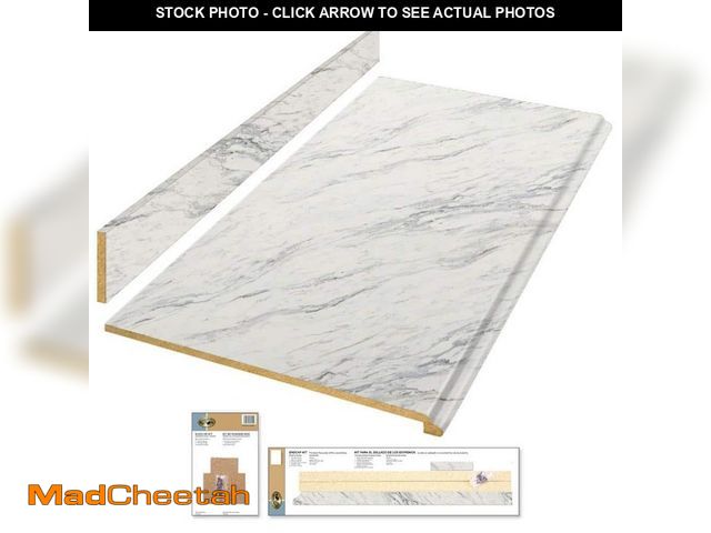 Lot 74-12849449 - Hampton Bay 4 ft. Straight Laminate Countertop Kit Included in Calcutta Marble with Full Wrap Ogee E...