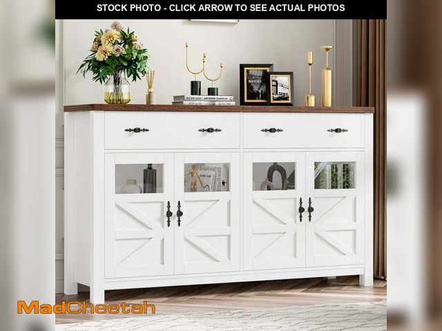 Lot 74-14287472 - Homfa Farmhouse 55.1"W Kitchen Buffet Cabinet with Storage Drawer &amp; Adjustable Shelf, Glass Door...