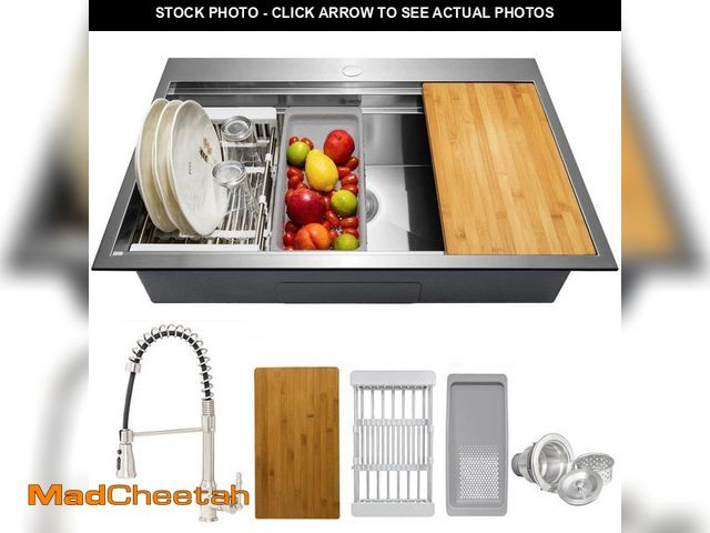 Lot 74-14306045 - AKDY Handmade All-in-One Top mount Stainless Steel 33 in. x 22 in. Single Bowl Kitchen Sink w/ Sprin...