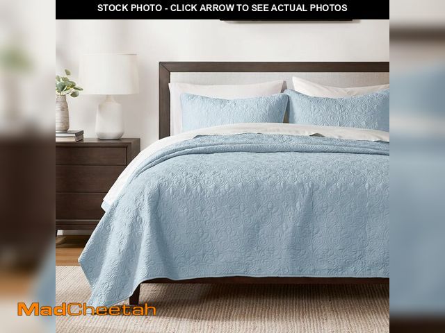 Lot 74-13331604 - Madison Park Quebec 3-Piece Quilted King Coverlet Set - Dusty Pale Blue, Floral Pattern - King/Cal K...