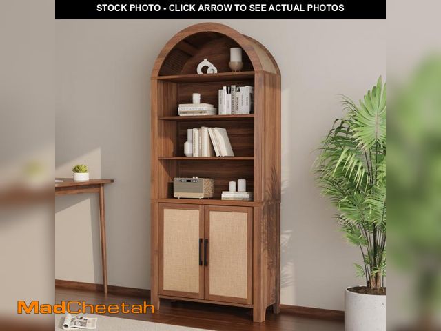 Lot 74-12419119 - Janmer Home 71" Tall Arched Bookcase with Storage, Mid-Century Modern 6-Tier Cabinet with Door, Arch...