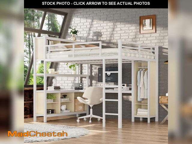 Lot 74-12404089 - Ball &amp; Cast Queen Loft Bed with L-Shaped Desk &amp; Wardrobe, Metal Loft Bed Frame Queen Size wi...
