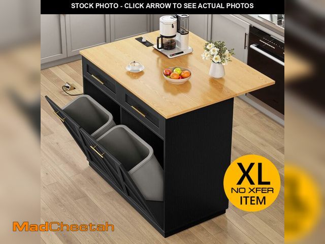 Lot 74-12694782 - DWVO Kitchen Island with Drop Leaf, 40 Inch Double Tilt Out Trash Can Storage Cabinet with Power Out...