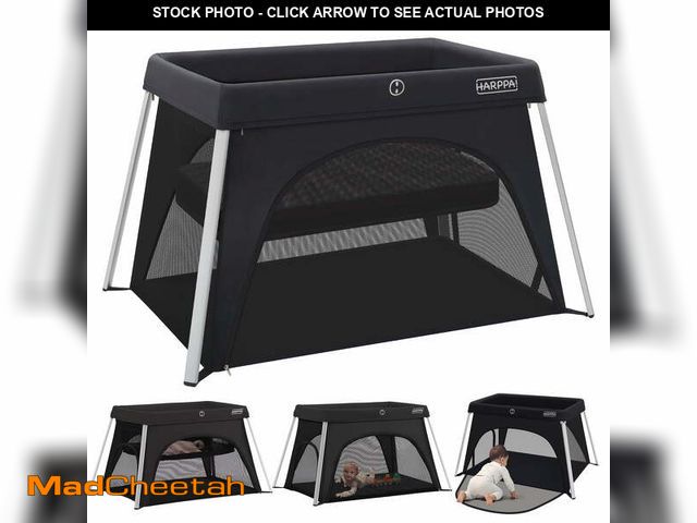 Lot 74-12832344 - HARPPA Portable Travel Crib with Mattress, Foldable Playard for Baby and Toddler, 11lbs, Black - USE...