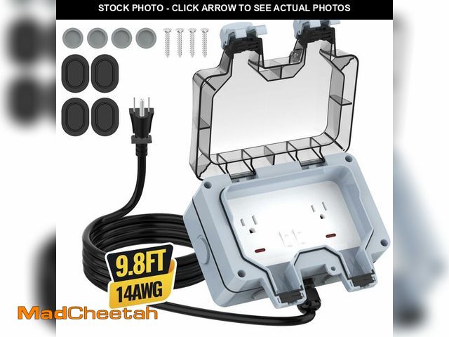 Lot 74-14063093 - Outdoor Outlet Box with 9.8Ft Extension Cord, NEMA 5-15R, IP66 Waterproof Outdoor Outlet Box w/Locka...
