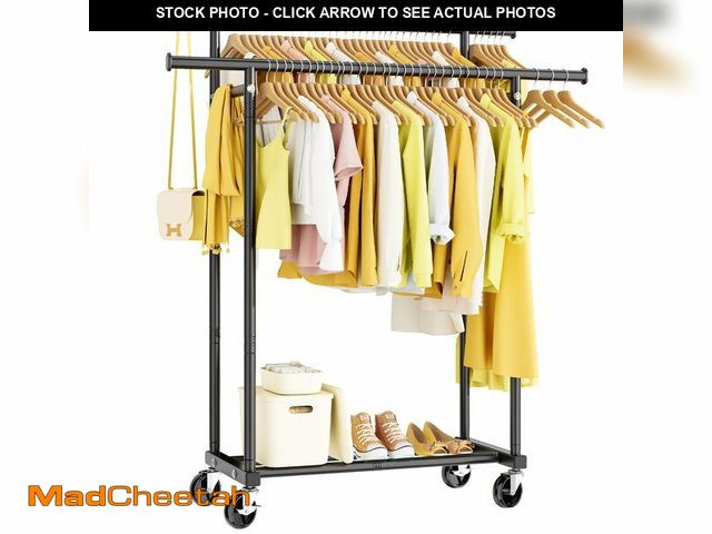 Lot 74-13715895 - HYSEYY Double Rods Clothes Rack, Rolling Clothing Rack for Hanging Clothes Portable Wardrobe Rack, M...