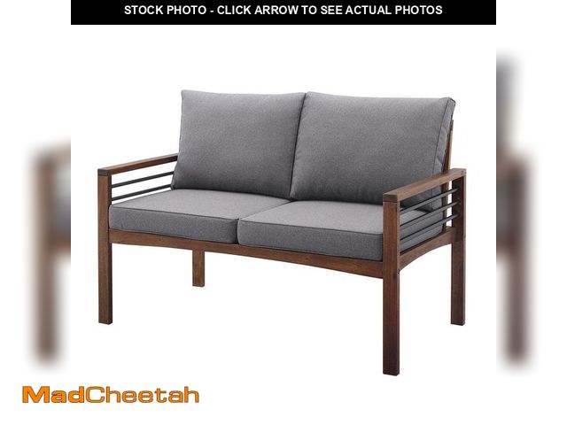Lot 74-14289809 - Walker Edison Furniture Company Dark Brown Acacia Wood and Metal Outdoor Loveseat with Grey Cushions...