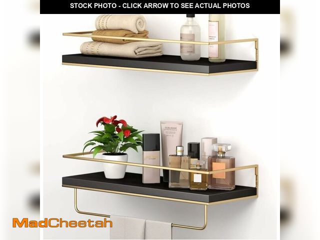 Lot 74-14213403 - Shario Floating Shelves - Set of 2, Wall Mounted Hanging Shelves with Golden Towel Rack, Decorative ...