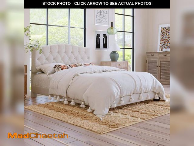 Lot 74-12172712 - Harper &amp; Bright Designs Beige Wood Frame Queen Size Linen Upholstered Platform Bed with Saddle C...
