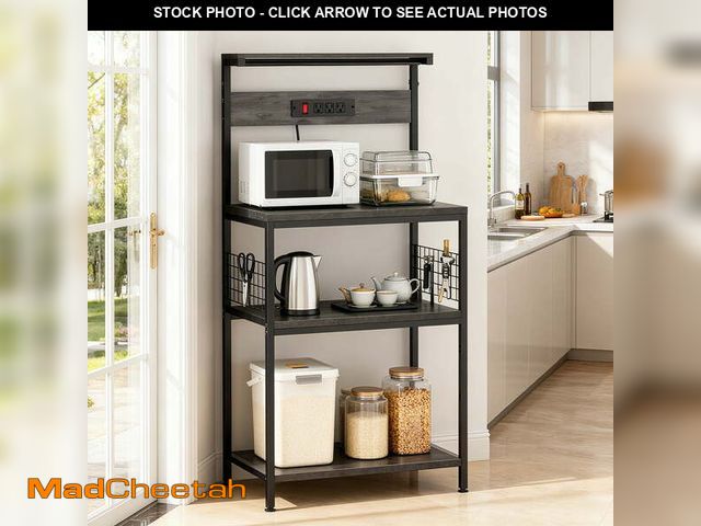 Lot 74-13655713 - edx 31" Bakers Rack with 3 Power Outlets, 10 Hooks, Kitchen Microwave Stand, 4-Tier Coffee Bar Table...