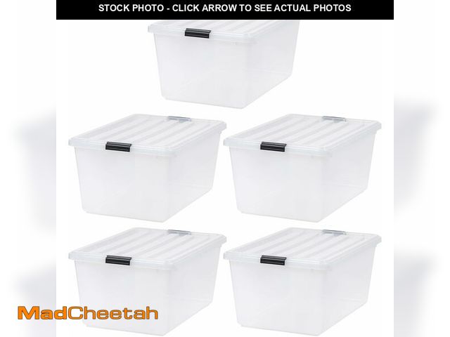 Lot 74-12664392 - IRIS USA 68 Quart / 17 Gal. Stackable Plastic Storage Bins with Lids and Latch Buckles, 5 Pack - Pea...