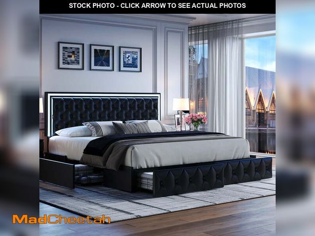 Lot 74-13699213 - Homfa Queen LED Bed with 4 Drawers, LED Lights Platform Storage Bed Frame with Upholstered Adjustabl...