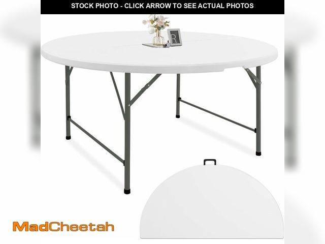 Lot 74-12569645 - Fivenl 5 FT Round Folding Tables White Foldable Table, Fold-in-Half with Carrying Handle Portable Pl...