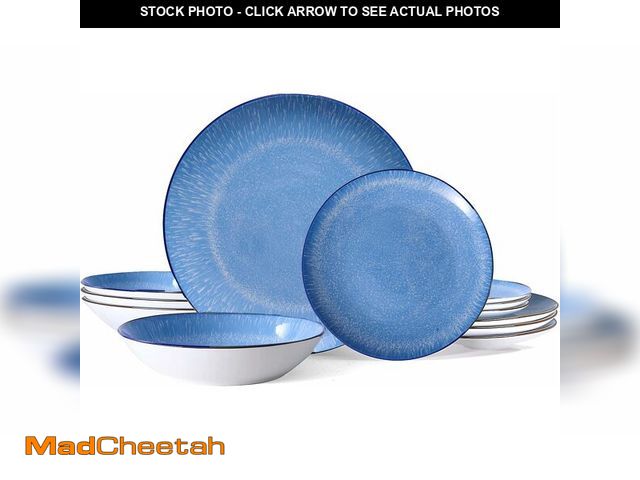 Lot 74-14265111 - Bestone 12-Piece Round Porcelain Dinnerware Set, Service for 4, Chip Resistant Plates and Bowls,Blue...