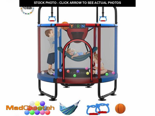 Lot 74-12780223 - YORIN Trampoline for Kids, 60" 55" 66" Toddler Mini Trampoline with Enclosure Net, Basketball Hoop, ...