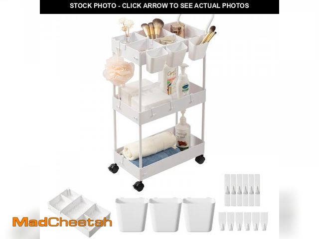 Lot 74-12305367 - danpinera Storage Cart on Wheels, 3 Tier Slim Laundry with Wheels Bathroom Organizer with Hanging Cu...