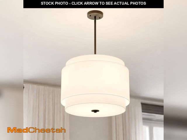 Lot 74-13099443 - VAXCEL Burnaby 4-Light Black Drum Pendant Light with Mid-Century Modern Fixture White Linen Fabric S...