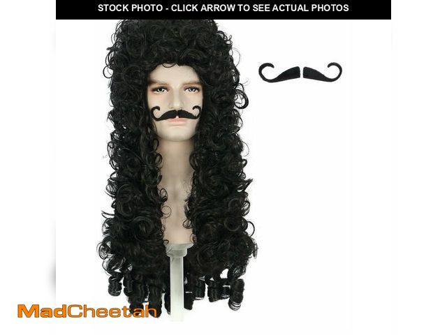 Lot 74-12702390 - karlery Long Curly Black Wig and Moustache Halloween Pirate Captain Cosplay Party Costume Wig - USED