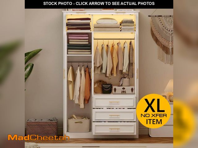 Lot 74-12921174 - Harper &amp; Bright Designs White Wood 47.24 in. Glass-Door Wardrobe with LED Light, Shelves, 3-Draw...