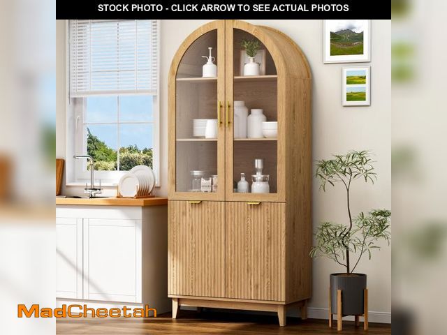 Lot 74-12270459 - Fkhouse 71" Tall Arched Pantry Cabinet, Kitchen Pantry with Glass Doors &amp; Fluted Doors, Wood Sto...