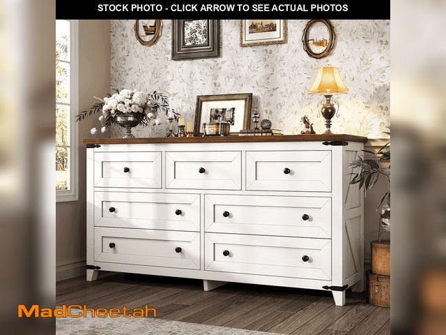 Lot 74-13780553 - Romorgniz Farmhouse 7 Drawers Dresser for Bedroom with Smooth Metal Rails,Beige 51"Wide Wood Dresser...