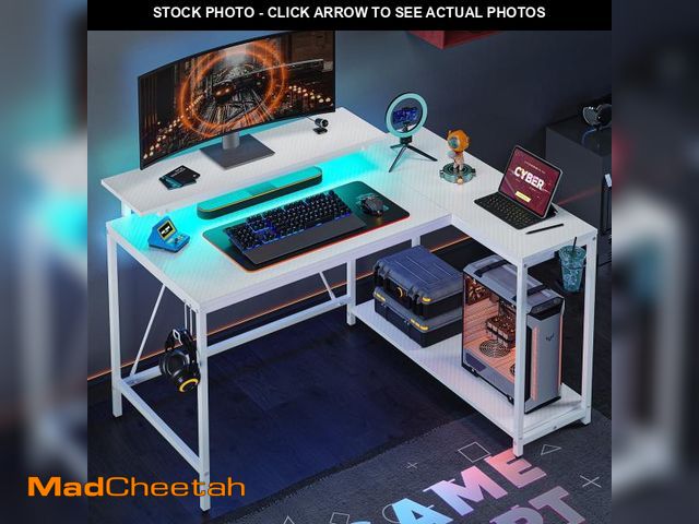 Lot 74-12493365 - Pinmoco 42" Reversible L-Shaped Gaming Desk with Monitor Stand, LED Lights&amp; Headset Hooks, Home ...