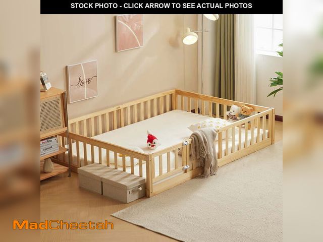 Lot 74-12679465 - Zimtown Montessori Floor Bed Frame, Full Size Kids Toddler Bed with Fence and Door, Wooden Platform ...
