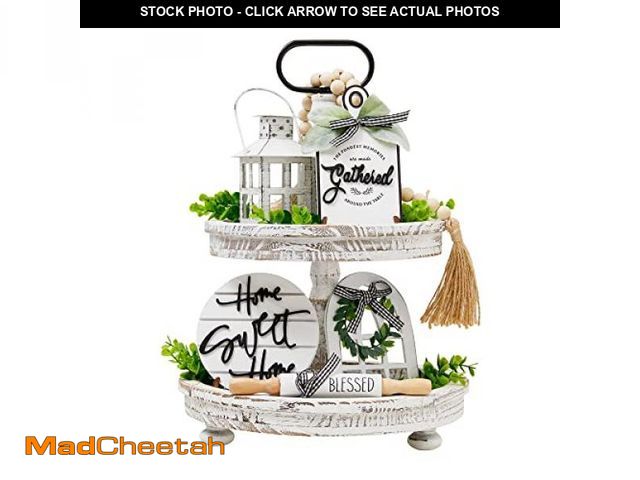 Lot 74-12327448 - Houmury Set of 16 Farmhouse Tiered Tray Decor with 1 Lantern Artificial Plant&amp; Cutting Board Sig...