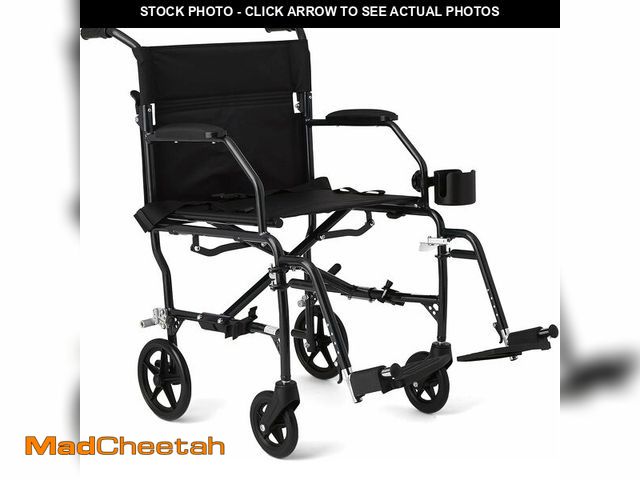 Lot 74-13087121 - Medline Ultra Lightweight Transport Wheelchair for Adults, Foldable, 19-Inch Seat Width, Black Frame...