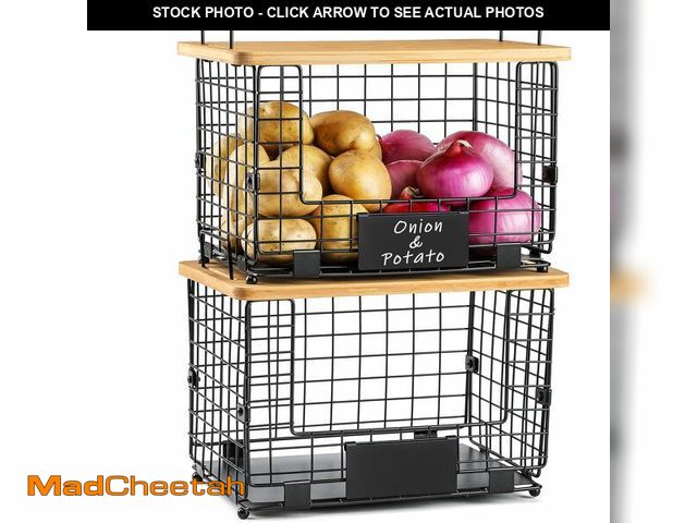 Lot 74-12449526 - 2 Set XL Stackable Wire Basket with Bamboo Tops &amp; Tags- Pantry Organizer and Storage Bins, Kitch...