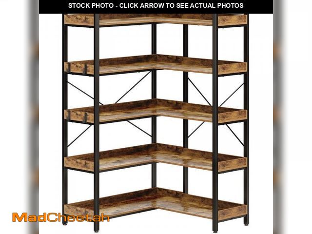 Lot 74-12241844 - Rolanstar Bookshelf 5 Tier with 4 Hooks, Reversible Corner Bookshelf, 65" Industrial Wooden Bookcase...