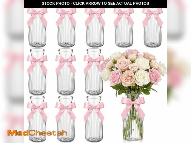 Lot 74-14269450 - LemonRoad 12 Pcs Vintage Plastic Vases for Centerpieces Small Clear Flower Vase with Pink Ribbon for...