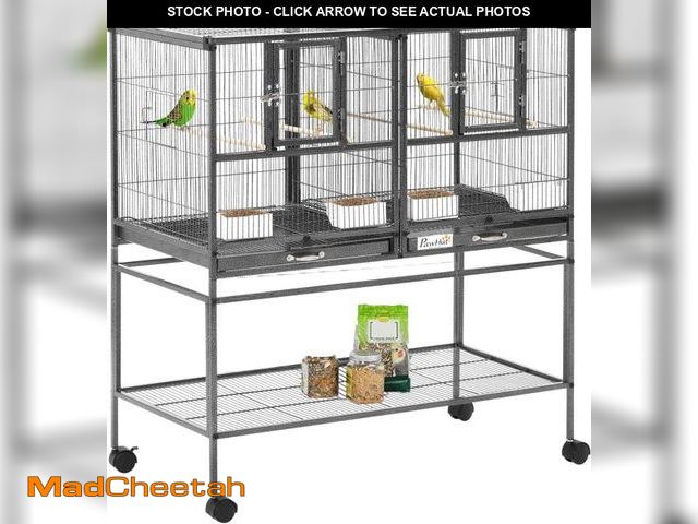 Lot 74-12396874 - PawHut Divided Breeder Bird Cage with Rolling Stand Removable Metal Tray, Storage Shelf, Wood Perch,...