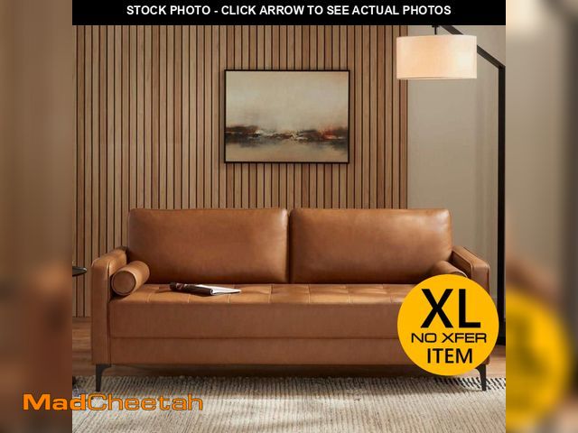 Lot 74-13281949 - StyleWell Goodwin 75.6 in. Square Arm Faux Leather Mid-Century Modern Sofa with Bolster Pillows in C...